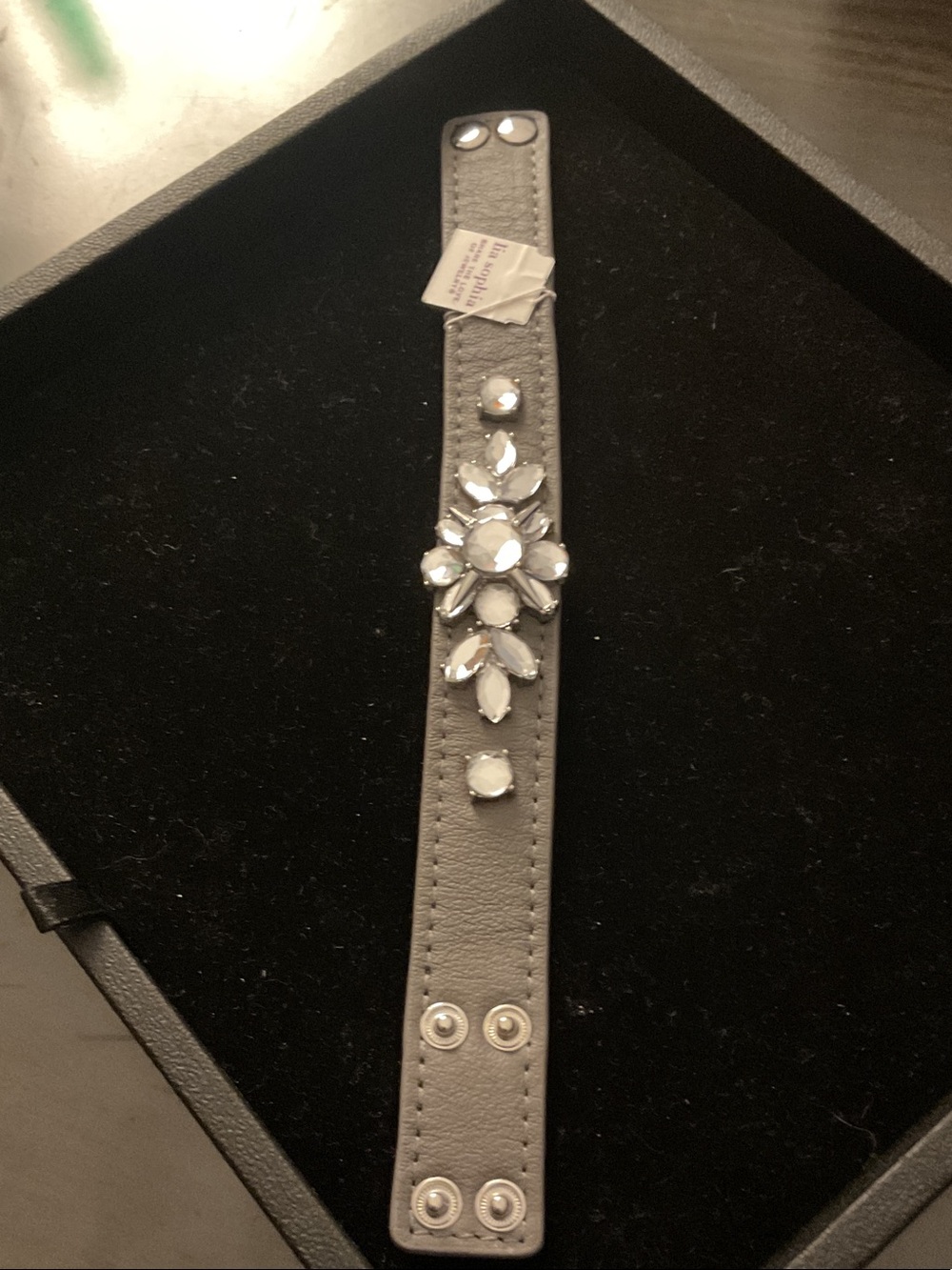 Lia Sophia Gray Leather Snap Bracelet with Clear Jewel Flower